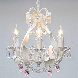 White Iron Crystal Flower Chandelier Lighting W/ Pink Crystal HeartsSwag Plug In-Chandelier W/ 14' Feet Of Hanging Chain And Wire - Perfect For Kid'S And Girls Bedroom - J10-B17/B21/White/26027/4