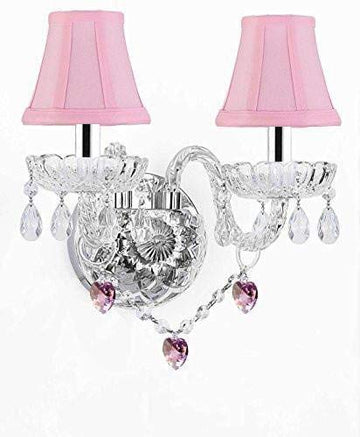 Wall Sconce Lighting with Crystal Pink Hearts w/Chrome Sleeves - Perfect for Kids and Girls Bedrooms with Shades! - G46-B43/PINKSHADES/B21/2/386