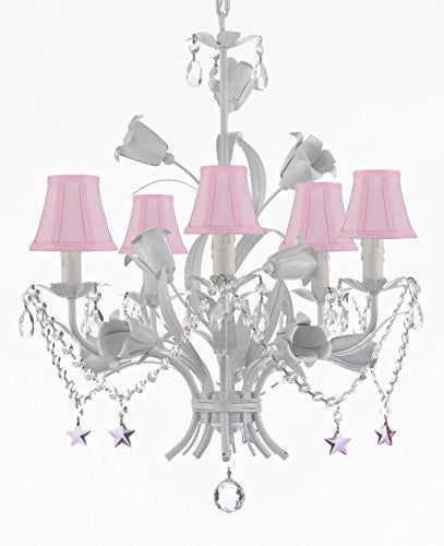 White Wrought Iron Floral Chandelier Empress Crystal (Tm) Flower Chandeliers Lighting H23" X W19" - J10-Sc/Pinkshade/B51/B52/White/325/5