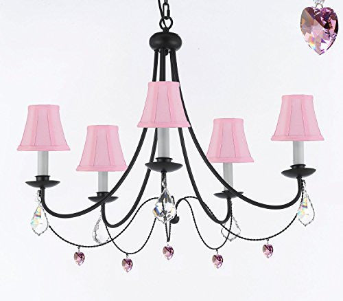 Empress Crystal (Tm) Wrought Iron Chandelier Lighting H.22.5" X W.26" With Pink Shades Swag Plug In-Chandelier W/ 14' Feet Of Hanging Chain And Wire - J10-B16/Sc/Pinkshades/B21/26031/5