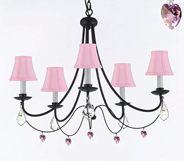 Empress Crystal (Tm) Wrought Iron Chandelier Lighting H.22.5" X W.26" With Heart Crystals And Pink Shades - J10-Sc/Pinkshades/B21/B7/26031/5