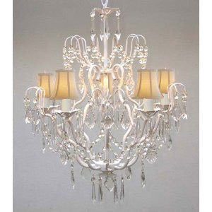 Swarovski Crystal Trimmed Chandelier New Wrought Iron & Crystal Chandelier With White Shades H27" X W21" - J10-Whiteshades/White/26025/5 Sw