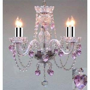 CRYSTAL CHANDELIER LIGHTING WITH PINK CRYSTAL HEARTS! H17" X W17" SWAG PLUG IN-CHANDELIER W/14' FEET OF HANGING CHAIN AND WIRE W/CHROME SLEEVES - PERFECT FOR KID'S AND GIRLS BEDROOM! - J10-B43/B15/B23/26098/4