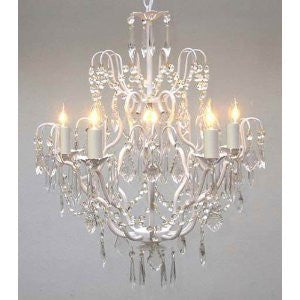 Swarovski Crystal Trimmed Chandelier Wrought Iron Crystal Chandelier Lighting H27" X W21" Swag Plug In-Chandelier W/ 14' Feet Of Hanging Chain And Wire - J10-B17/White/C/26025/5 Sw