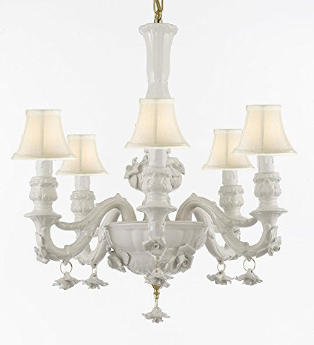 Authentic Capodimonte White Porcelain Chandelier Lighting Chandeliers Cottage Chic Made in Italy, Good for Dining Room, Kids & Girls Bedrooms w/ Roses & Flowers With White Shades Speciality item, Limited Stock Available - GB102-SC/WHITESHADE/WHITE/435/6