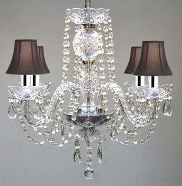 Swarovski Crystal Trimmed Chandelier! All Crystal Chandelier and Black Shades w/Chrome Sleeves H17" W17" - J10-B43/BLACKSHADES/26098/4SW