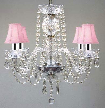 Swarovski Crystal Trimmed Chandelier! Chandelier & Pink Shades w/Chrome Sleeves H17" X W17" - GO-B43/J10-PINKSHADES/26098/4SW