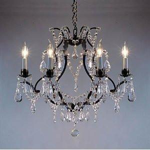 Swarovski Crystal Trimmed Chandelier Wrought Iron Crystal Chandelier H19" X W20". Swag Plug In-Chandelier W/ 14' Feet Of Hanging Chain And Wire - A83-B16/3030/6 Sw