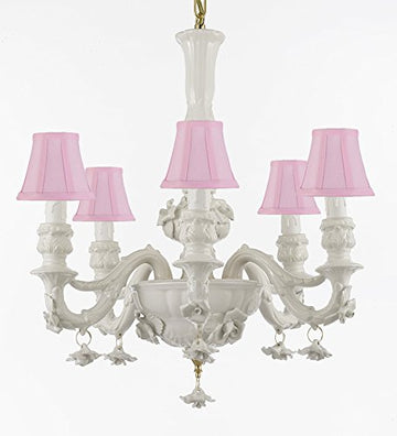 Authentic Capodimonte White Porcelain Chandelier Lighting Chandeliers Cottage Chic Made in Italy, Good for Dining Room, Kids & Girls Bedrooms w/ Roses & Flowers With Pink Shades Speciality item, Limited Stock Available - GB102-SC/PINKSHADE/WHITE/435/6
