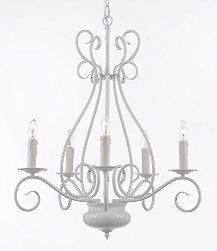 White Wrought Iron Tole Chandelier Lighting H 25.5" X W 25.5" - A7-White/441/5