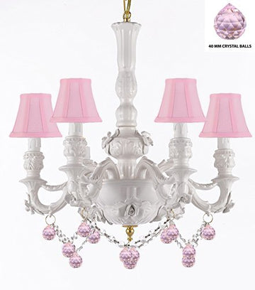Authentic Capodimonte White Porcelain Chandelier Lighting Chandeliers Cottage Chic Made in Italy, w/ Roses & Flowers Speciality item, Limited Stock Available W/ Pink Balls Crystals and Pink Shades - GB102-SC/PINKSHADE/B52/B76/WHITE/435/6