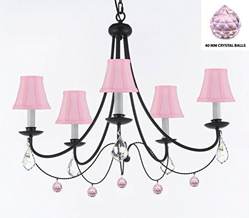 Empress Crystal (Tm) Wrought Iron Chandelier Lighting H.22.5" X W.26" With Balls Crystals And Pink Shades - J10-Sc/Pinkshades/B76/B7/26031/5