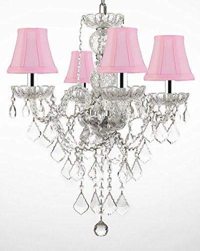 Authentic All Crystal Chandelier Chandeliers Lighting with Pink Shades w/Chrome Sleeves H22" x W17" - J10-B43/PINKSHADES/3/26098/4