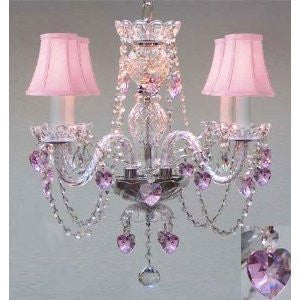 Swarovski Crystal Trimmed Chandelier Crystal Chandelier W/ Pink Crystal Hearts & Pink Shades H17" X W17"Swag Plug In-Chandelier W/ 14' Feet Of Hanging Chain And Wire - J10-B15/B23/Pinkshades/26098/4 Sw