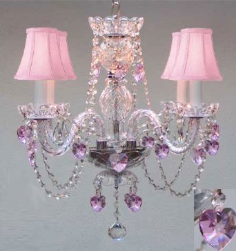 Swarovski Crystal Trimmed Chandelier Chandelier Lighting W/ Crystal Pink Shades & Hearts H 17" - Perfect For Kid'S And Girls Bedroom W 17" - J10-B23/PINKSHADES/26098/4 SW