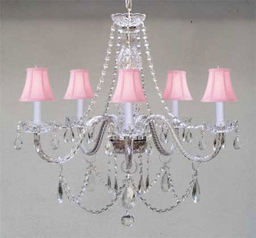 Swarovski Crystal Trimmed Chandelier Murano Venetian Style Chandelier & Pink Shades W24" X H25" - A46-Pinkshades/384/380/5Sw