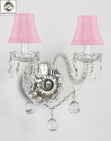 Swarovski Crystal Trimmed Chandelier Murano Venetian Style All-Crystal Wall Sconce With Crystal Balls And - With Pink Shades - G46-Pinkshades/B6/2/386 Sw