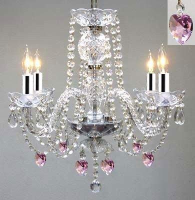 Chandelier Lighting w/Crystal Pink Hearts w/Chrome Sleeves! H 17" W17" - J10-B43/B21/26098/4