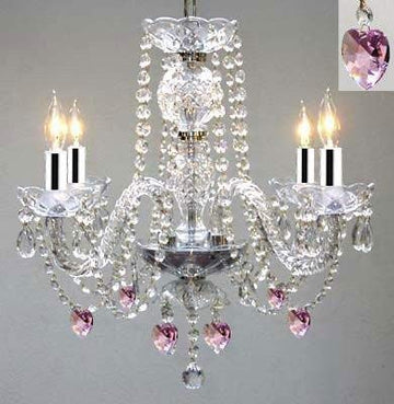 Swarovski Crystal Trimmed Chandelier! Chandelier Lighting W/Crystal Pink Hearts! H 17" W17" - Perfect for Kid's and Girls Bedroom w/Chrome Sleeves! - J10-B43/B21/26098/4 SW