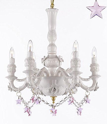 Authentic Capodimonte White Porcelain Chandelier Lighting Chandeliers Cottage Chic Made in Italy, Good for Dining Room, Kids & Girls Bedrooms w/ Roses & Flowers Speciality item, Limited Stock Available W/ Pink Stars Crystals - GB102-B52/B38/WHITE/435/6