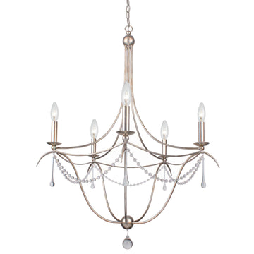 5 Light Antique Silver Modern Chandelier Draped In Clear Glass Beads & Murano Crystal - C193-425-SA