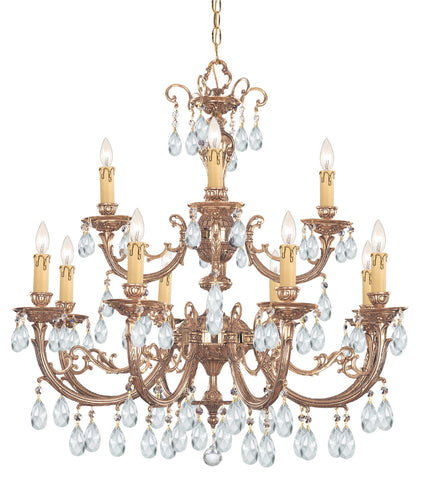 12 Light Olde Brass Crystal Chandelier Draped In Clear Swarovski Strass Crystal - C193-499-OB-CL-S