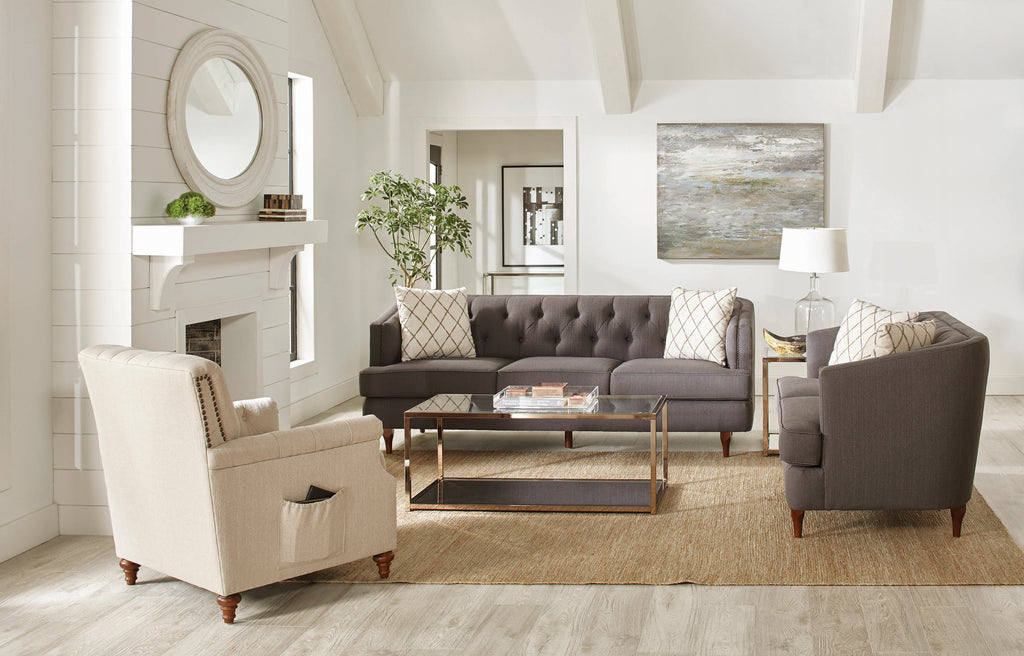 Set of 3 - Shelby Recessed Arms And Tufted Tight Back Sofa + Loveseat + Chair Grey And Brown - D300-10092