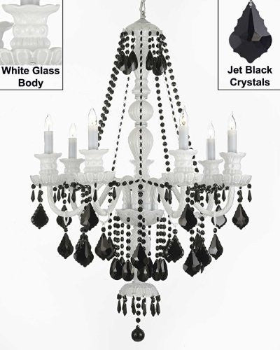 Snow White Chandelier Lighting With Jet Black Crystals H37" X W26" - G46-B2/White/Sm/490/7