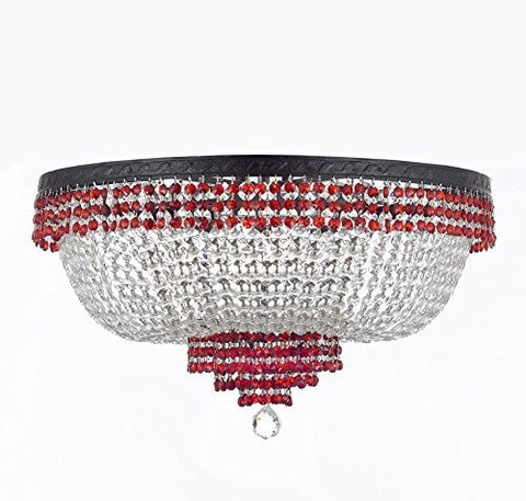 French Empire Crystal Flush Chandelier Chandeliers Lighting Trimmed With Ruby Red Crystal With Dark Antique Finish H18" X W24" Good For Dining Room Foyer Entryway Family Room And More - A500-B75/Cb/Flush/870/9