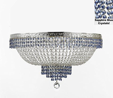 Flush French Empire Crystal Chandelier Lighting Trimmed With Sapphire Blue Crystal Good For Dining Room Foyer Entryway Family Room And More H18" X W24" - A500-B83/Cs/Flush/870/9