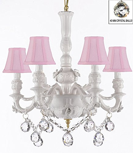 Authentic Capodimonte White Porcelain Chandelier Lighting Chandeliers Cottage Chic Made in Italy, Good for Dining Room, Kids & Girls Bedrooms w/ Roses & Flowers Speciality item, W/ Crystal Balls With Pink Shades - GB102-SC/PINKSHADE/B52/B6/WHITE/435/6