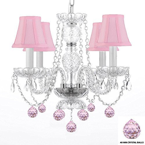 Chandelier Lighting W/ Crystal Pink Shades & Balls H 17" - Perfect For Kid'S And Girls Bedroom W 17" - J10-B76/Pinkshades/26098/4