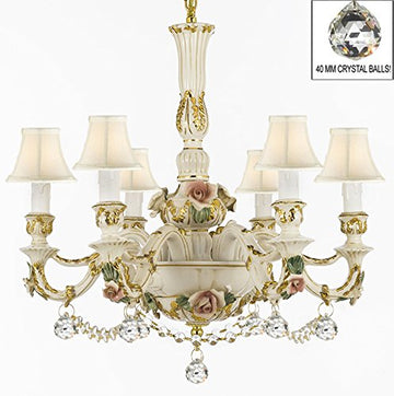 Authentic Capodimonte Porcelain Chandelier Lighting Chandeliers Cottage Chic Made in Italy Dressed w/ Crystals and Crystal Balls With White Shades - GB102-SC/WHITESHADE/B52/B6/435/6