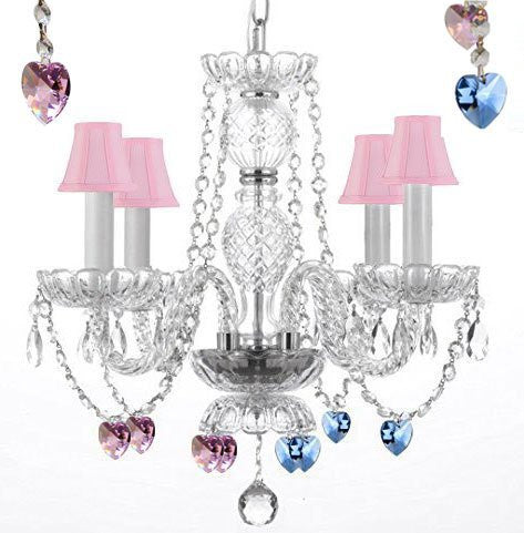 Chandelier Lighting W/ Crystal Pink Shades Blue And Pink Hearts H 17" - Perfect For Kid'S And Girls Bedroom W 17" - J10-B85/B21/Pinkshades/26098/4