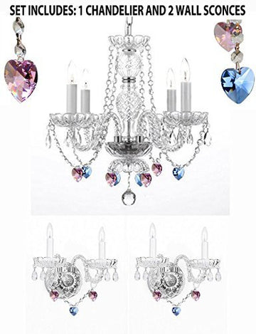 3Pc Lighting Set - Crystal Chandelier And 2 Wall Sconces With Sapphire Blue & Pink Crystal Hearts Perfect For Living Room Dining Room Kitchen Kid'S Bedroom - 1Ea-B85/B21/26098/4 + 2Ea-B85/B21/2/386