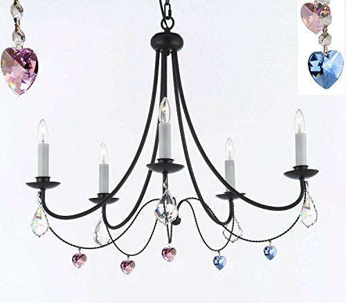 Empress Crystal (Tm) Wrought Iron Chandelier Lighting H22.5" X W26" Swag Plug In-Chandelier W/ 14' Feet Of Hanging Chain And Wire With Blue & Pink Hearts - J10-B16/B85/B21/26031/5