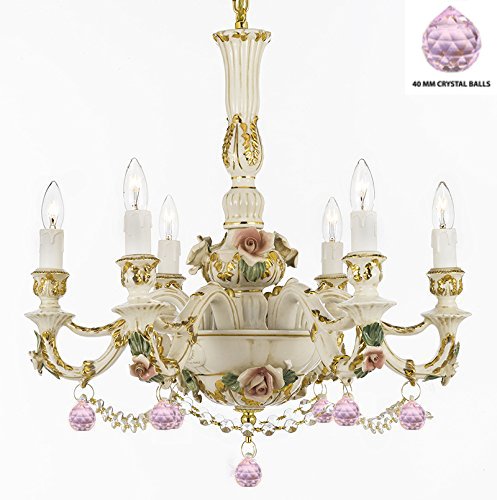 Authentic Capodimonte Porcelain Chandelier Lighting Chandeliers Cottage Chic Made in Italy, Trimmed w/ Roses & Flowers Dressed w/ Crystals and Balls - GB102-B52/B76/435/6