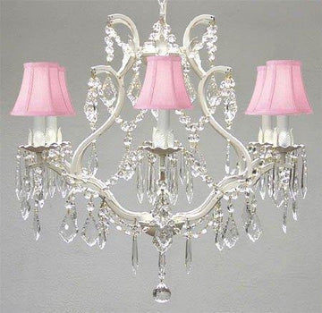 Wrought Iron Crystal Chandelier Lighting H 19" W 20" - With Pink Shades - A83-Pinkshades/White/3530/6