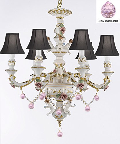 Authentic Capodimonte Porcelain Chandelier Lighting Chandeliers w/ Cherub Angels W/ Pink Balls w/ Black Shades Made in Italy Trimmed w/ Roses & Flowers-Limited Stock Available - GB102-SC/BLACKSHADES/B76/119/6