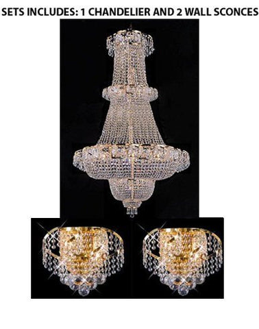 Set Of 3- French Empire Crystal Chandelier Chandeliers Lighting 60"X36" And 2 Belenus Collection 24K Gold Plated Finish Wall Sconces W12" H8" E9" - A500-1Ea 928/32 + 2Ea Eca1W12G
