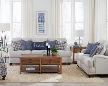 Set of 3  - Gwen Recessed Arms Sofa + Loveseat Light Grey + Accent Chair Blue - D300-10096