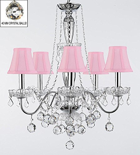Elegant 5 Light Crystal Chandelier Pendant Lighting Fixture Light Lamp With Pink Shades And Crystal Balls - J10-Sc/Pinkshades/B6/26017/5