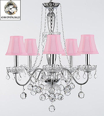 Elegant 5 Light Crystal Chandelier Pendant Lighting Fixture Light Lamp With Pink Shades And Crystal Balls - J10-Sc/Pinkshades/B6/26017/5