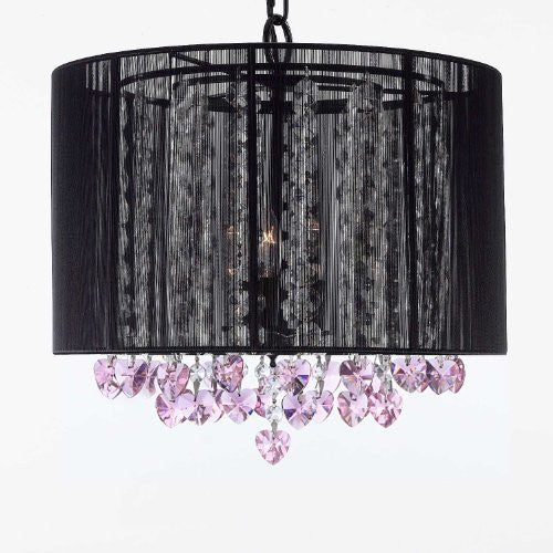 Crystal Chandelier With Large Black Shade And Pink Crystal Hearts H15" X W15" - Perfect For Kids' And Girls Bedrooms - G7-B23/Black/SM/26029/3