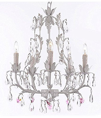 White Wrought Iron Floral Chandelier W/ Pink Hearts - J10-B21/White/26016/5