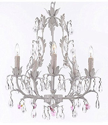 White Wrought Iron Floral Chandelier W/ Pink Hearts - J10-B21/White/26016/5