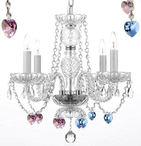 Chandelier Lighting W/ Crystal Blue And Pink Hearts H 17" W17" Swag Plug In-Chandelier W/ 14' Feet Of Hanging Chain And Wire - Perfect For Kid'S And Girls Bedrooms - J10-B15/B85/B21/26098/4