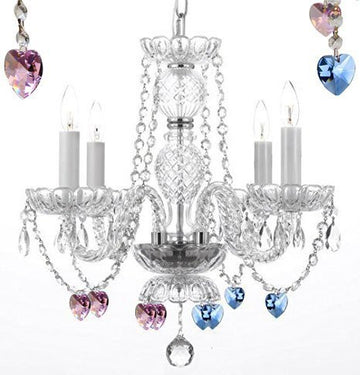 Swarovski Crystal Trimmed Chandelier Lighting W/ Crystal Blue And Pink Hearts H 17" W17" Swag Plug In-Chandelier W/ 14' Feet Of Hanging Chain And Wire - Perfect For Kid'S And Girls Bedrooms - J10-B15/B85/B21/26098/4Sw
