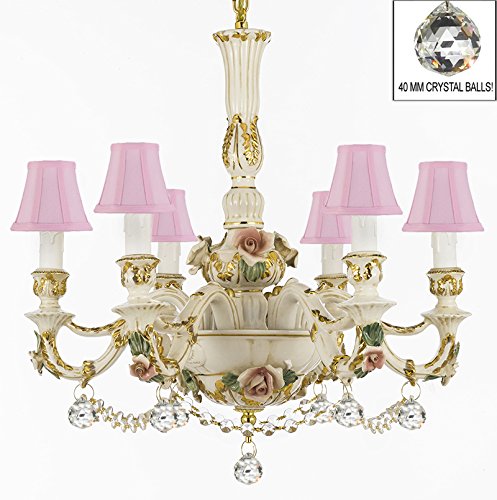Authentic Capodimonte Porcelain Chandelier Lighting Chandeliers Cottage Chic Made in Italy Dressed w/ Crystals and Crystal Balls With Pink Shades - GB102-SC/PINKSHADE/B52/B6/435/6