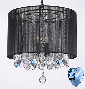 Crystal Chandelier Chandeliers With Large Black Shade And Blue Crystal Hearts H15" X W15" - Perfect For Kids' And Girls Bedrooms - G7-B85/Black/Sm/26029/3